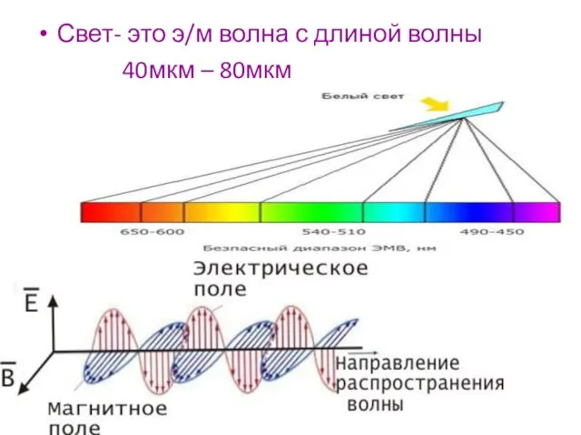 Свет- это э/м волна с длиной волны 40мкм – 80мкм