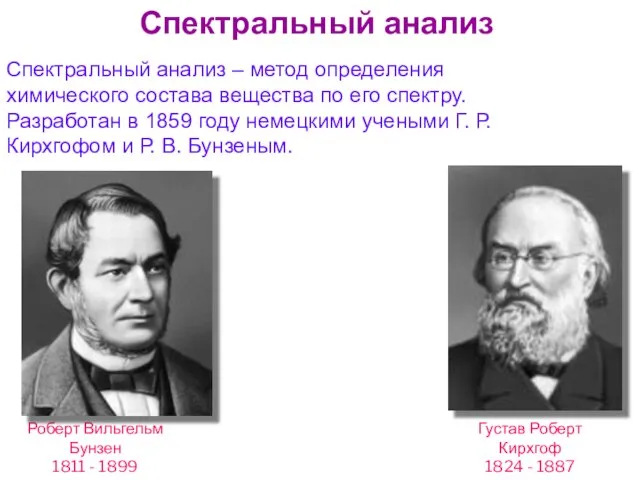 Густав Роберт Кирхгоф 1824 - 1887 Роберт Вильгельм Бунзен 1811 - 1899