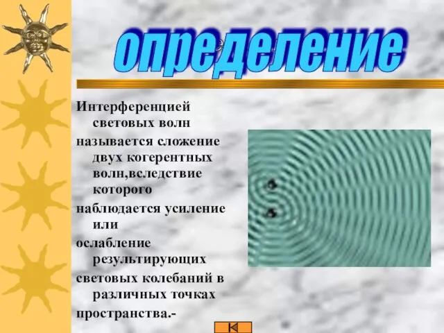 Интерференцией световых волн называется сложение двух когерентных волн,вследствие которого наблюдается усиление или