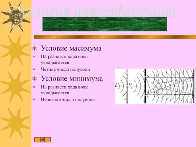 Условие масимума На разности хода волн укладывается Четное число полуволн Условие минимума