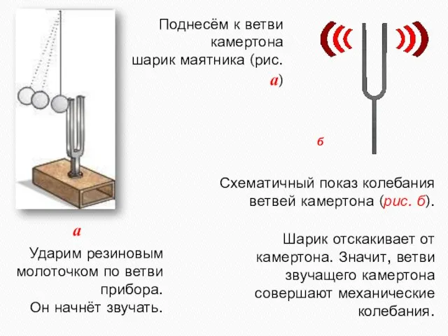 Шарик отскакивает от камертона. Значит, ветви звучащего камертона совершают механические колебания. Ударим