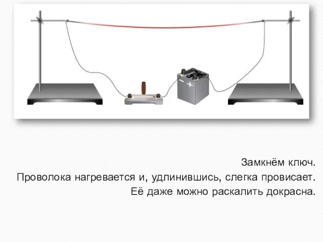 Замкнём ключ. Проволока нагревается и, удлинившись, слегка провисает. Её даже можно раскалить докрасна.