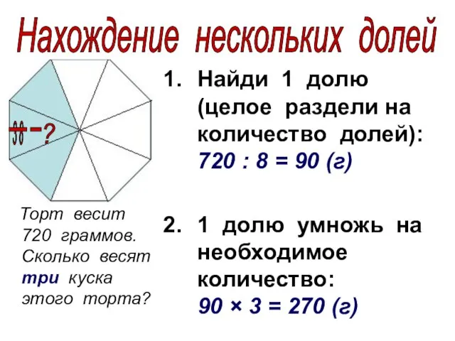 Торт весит 720 граммов. Сколько весят три куска этого торта? Найди 1