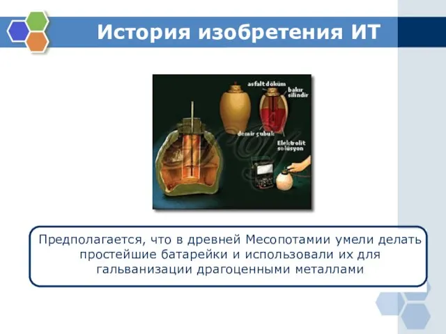 История изобретения ИТ Предполагается, что в древней Месопотамии умели делать простейшие батарейки