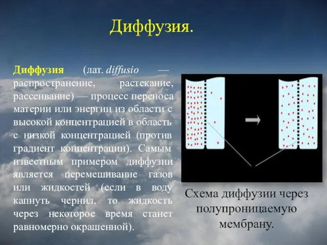 Диффузия. Диффузия. Схема диффузии через полупроницаемую мембрану. Диффузия (лат. diffusio — распространение,