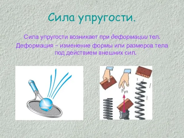 Сила упругости. Сила упругости возникает при деформации тел. Деформация – изменение формы