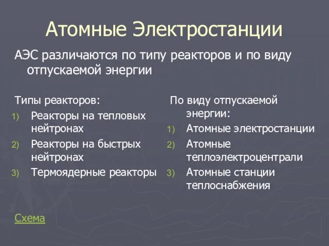 Атомные Электростанции АЭС различаются по типу реакторов и по виду отпускаемой энергии