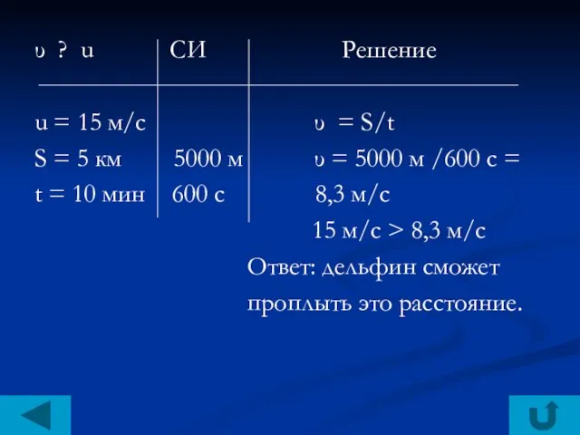 υ ? u CИ Решение u = 15 м/c υ = S/t