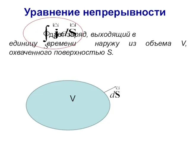 Уравнение непрерывности дает заряд, выходящий в единицу времени наружу из объема V, охваченного поверхностью S. V