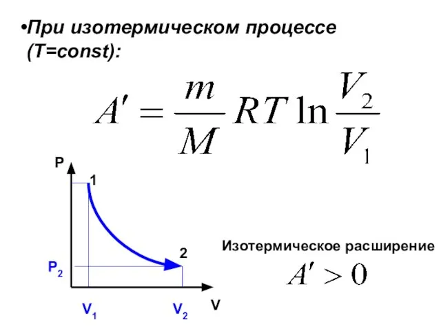При изотермическом процессе (Т=const): P V Изотермическое расширение Р2 1 2 V1 V2