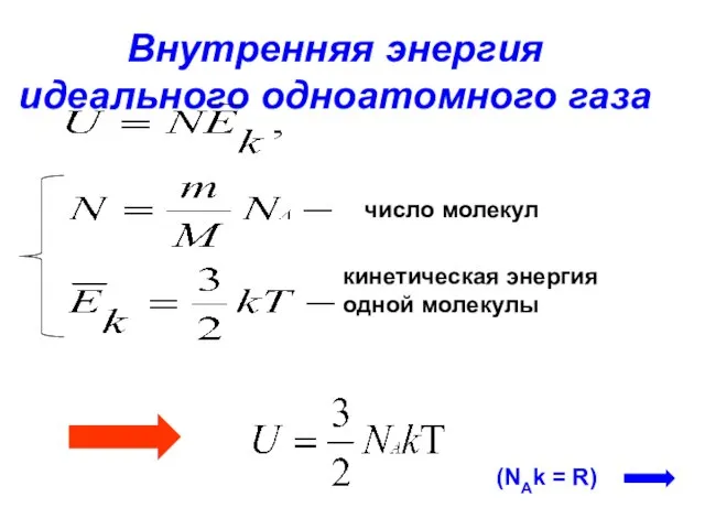Внутренняя энергия идеального одноатомного газа число молекул кинетическая энергия одной молекулы (NAk = R)