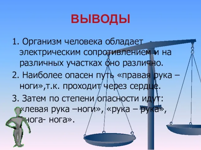 ВЫВОДЫ 1. Организм человека обладает электрическим сопротивлением и на различных участках оно