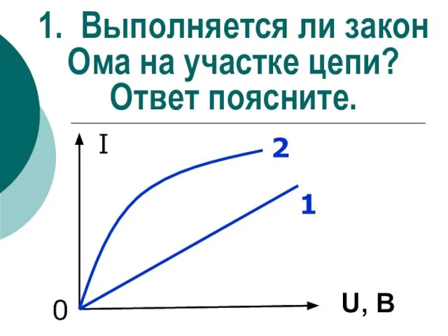 1. Выполняется ли закон Ома на участке цепи? Ответ поясните. I 0 2 1 U, В