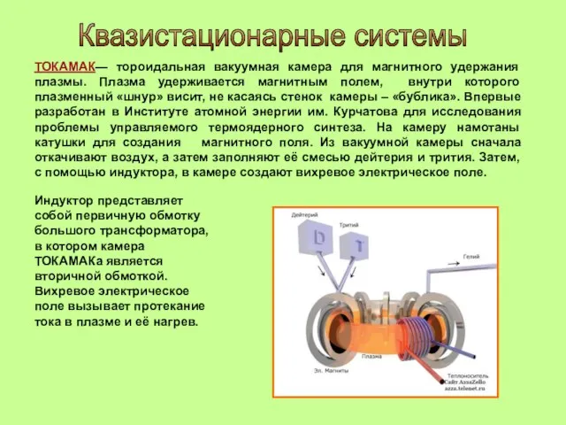 ТОКАМАК— тороидальная вакуумная камера для магнитного удержания плазмы. Плазма удерживается магнитным полем,