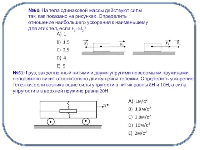 №60: На тела одинаковой массы действуют силы так, как показано на рисунках.