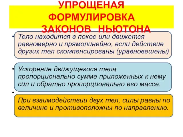 УПРОЩЕНАЯ ФОРМУЛИРОВКА ЗАКОНОВ НЬЮТОНА Тело находится в покое или движется равномерно и