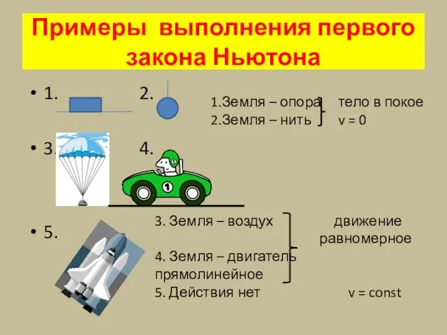 Примеры выполнения первого закона Ньютона 1. 2. 3. 4. 5. 1.Земля –