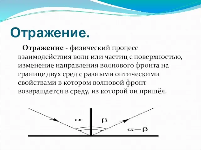 Отражение. Отражение - физический процесс взаимодействия волн или частиц с поверхностью, изменение