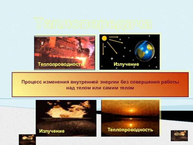 Теплопередача Процесс изменения внутренней энергии без совершения работы над телом или самим