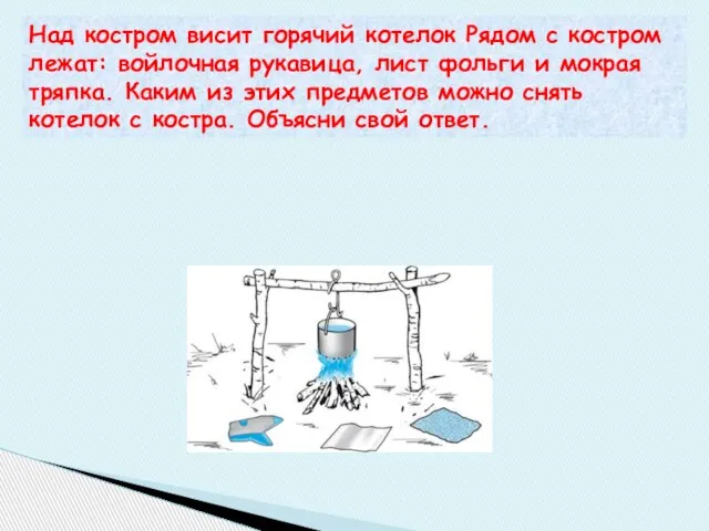 Над костром висит горячий котелок Рядом с костром лежат: войлочная рукавица, лист