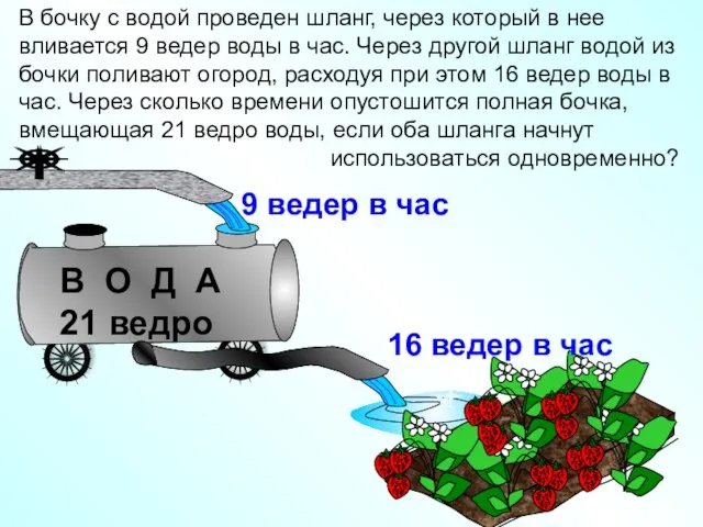 В бочку с водой проведен шланг, через который в нее вливается 9