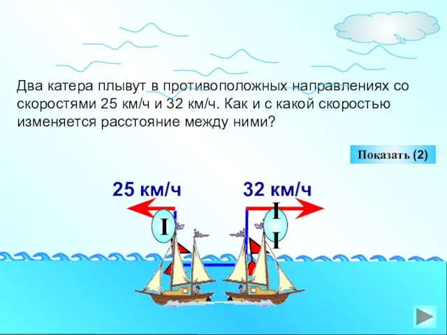 Два катера плывут в противоположных направлениях со скоростями 25 км/ч и 32