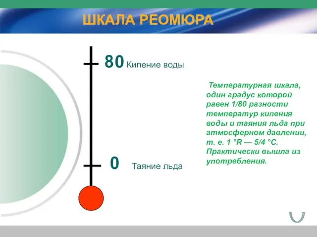 0 Таяние льда 80 Кипение воды . Температурная шкала, один градус которой