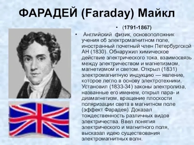 ФАРАДЕЙ (Faraday) Майкл (1791-1867) Английский физик, основоположник учения об электромагнитном поле, иностранный