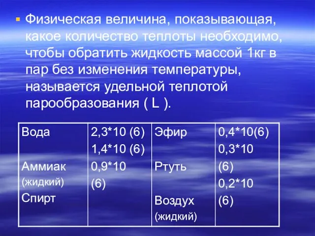 Физическая величина, показывающая, какое количество теплоты необходимо, чтобы обратить жидкость массой 1кг