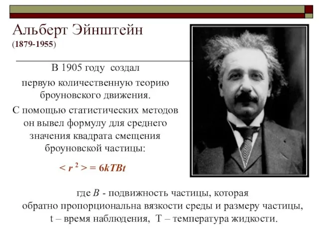 Альберт Эйнштейн (1879-1955) В 1905 году создал первую количественную теорию броуновского движения.