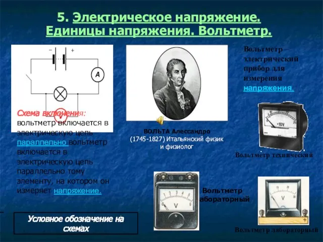 5. Электрическое напряжение. Единицы напряжения. Вольтметр. Вольтметр – электрический прибор для измерения