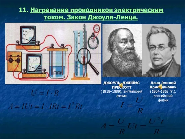 11. Нагревание проводников электрическим током. Закон Джоуля-Ленца. ДЖОУЛЬ ДЖЕЙМС ПРЕСКОТТ (1818–1889), английский