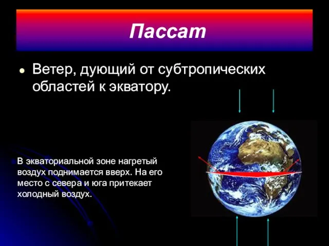 Пассат Ветер, дующий от субтропических областей к экватору. В экваториальной зоне нагретый