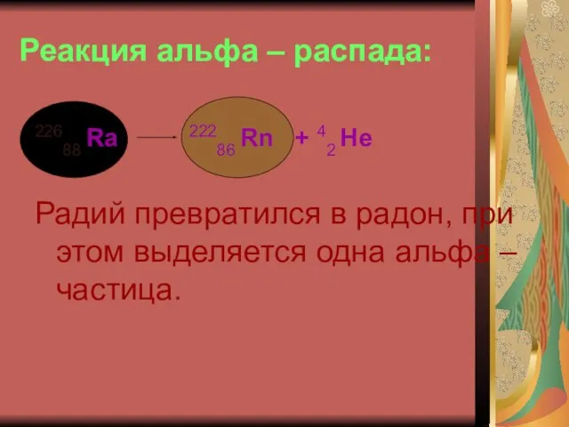 Реакция альфа – распада: 22688 Ra 22286 Rn + 42 Не Радий