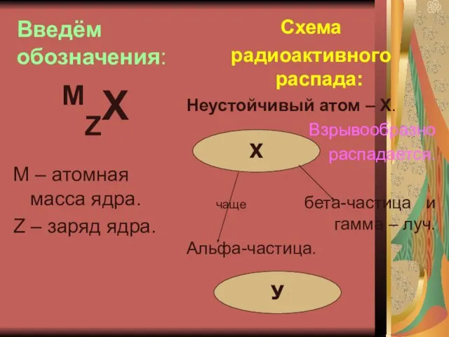 Введём обозначения: MZХ М – атомная масса ядра. Z – заряд ядра.