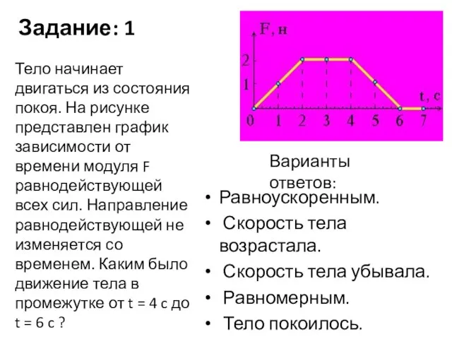 Задание: 1 Равноускоренным. Скорость тела возрастала. Скорость тела убывала. Равномерным. Тело покоилось.