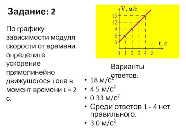 Задание: 2 18 м/с2 4.5 м/с2 0.33 м/с2 Среди ответов 1 -