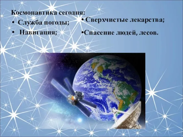 Космонавтика сегодня: Служба погоды; Навигация; Сверхчистые лекарства; Спасение людей, лесов.