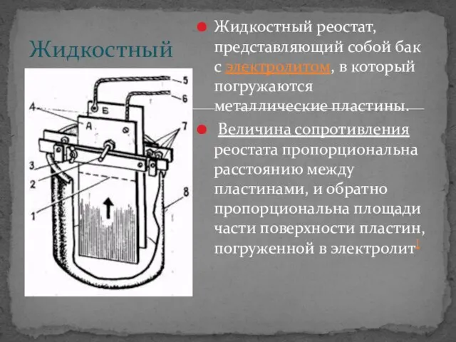 Жидкостный реостат, представляющий собой бак с электролитом, в который погружаются металлические пластины.