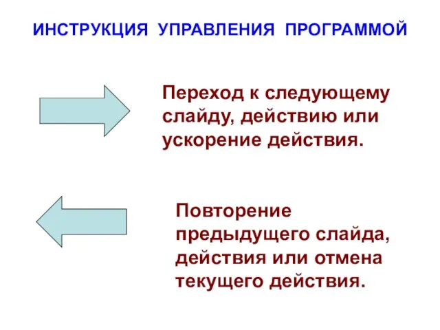 ИНСТРУКЦИЯ УПРАВЛЕНИЯ ПРОГРАММОЙ Переход к следующему слайду, действию или ускорение действия. Повторение