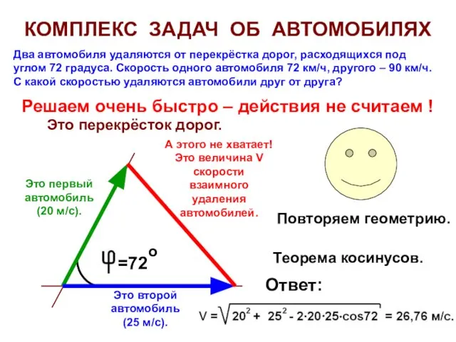 КОМПЛЕКС ЗАДАЧ ОБ АВТОМОБИЛЯХ Два автомобиля удаляются от перекрёстка дорог, расходящихся под