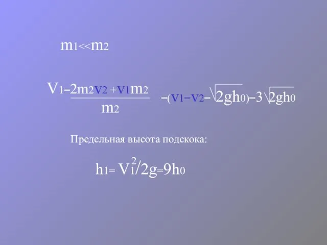 m1 V1=2m2v2 +v1m2 m2 =(v1=v2= 2gh0)=3 2gh0 Предельная высота подскока: h1= V1/2g=9h0 2