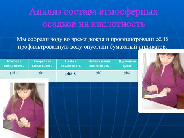 Анализ состава атмосферных осадков на кислотность Мы собрали воду во время дождя