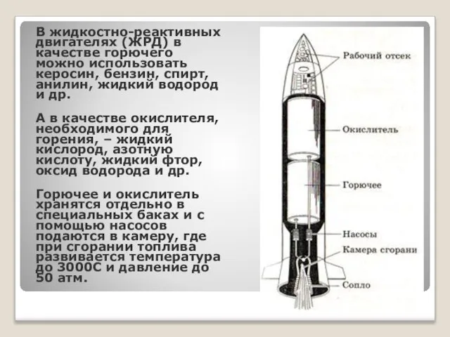 В жидкостно-реактивных двигателях (ЖРД) в качестве горючего можно использовать керосин, бензин, спирт,