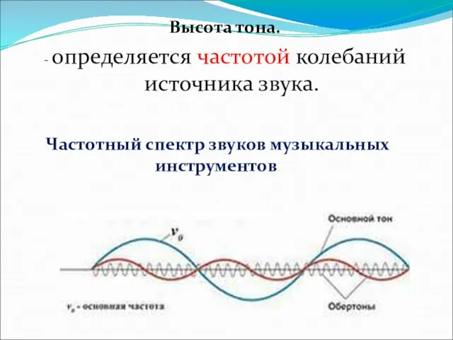 Высота тона. - определяется частотой колебаний источника звука. Частотный спектр звуков музыкальных инструментов.