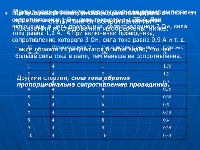 Проведение опытов исследования зависимости силы тока от сопротивления В эту электрическую цепь