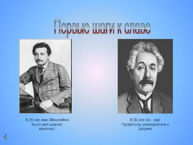 Первые шаги к славе В 26 лет имя Эйнштейна было уже широко