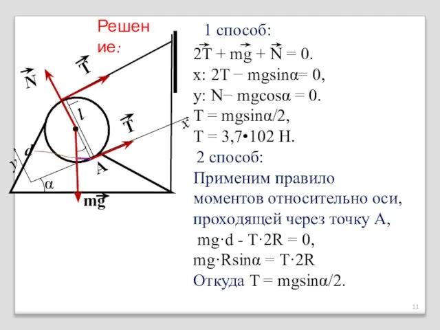 2T + mg + N = 0. x: 2T − mgsinα= 0,