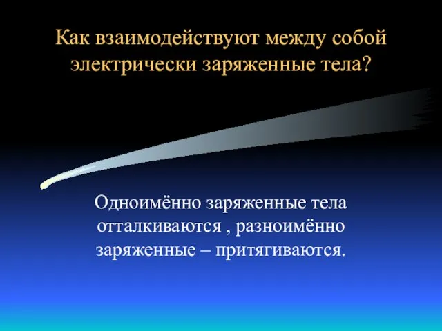 Как взаимодействуют между собой электрически заряженные тела? Одноимённо заряженные тела отталкиваются , разноимённо заряженные – притягиваются.