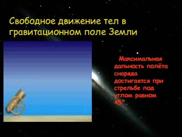 Свободное движение тел в гравитационном поле Земли Максимальная дальность полёта снаряда достигается